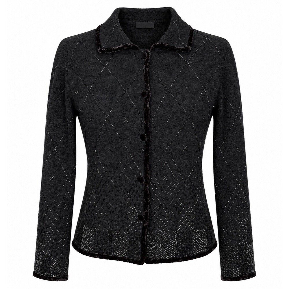 VTG Unbranded Black Beaded Knit Cardigan with Velvet Trim See Measurements EVC
